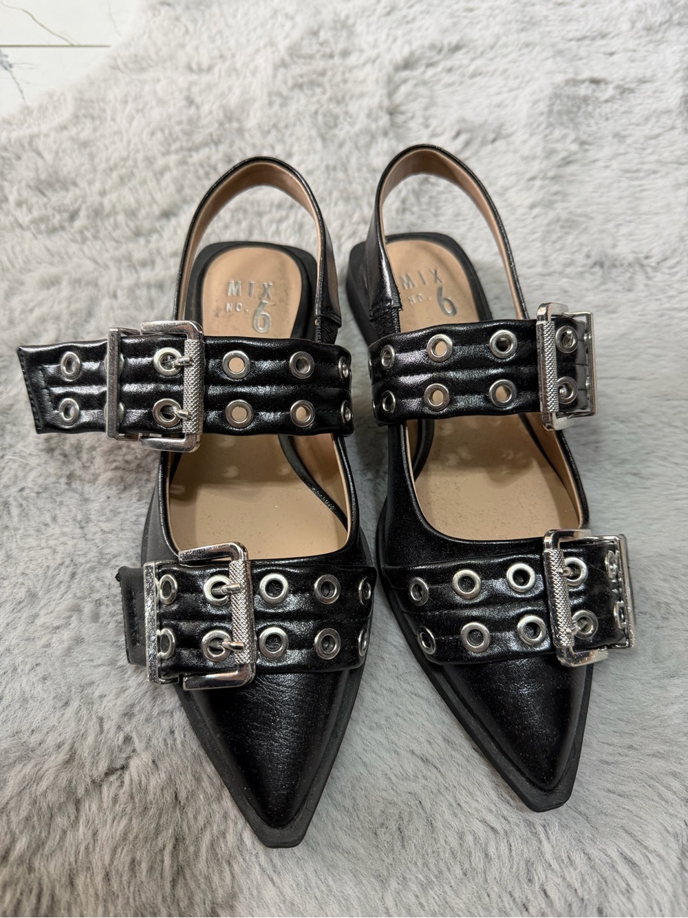 Mix No. 6 Black Pointed Buckle Slingbacks with Grommet Detail
